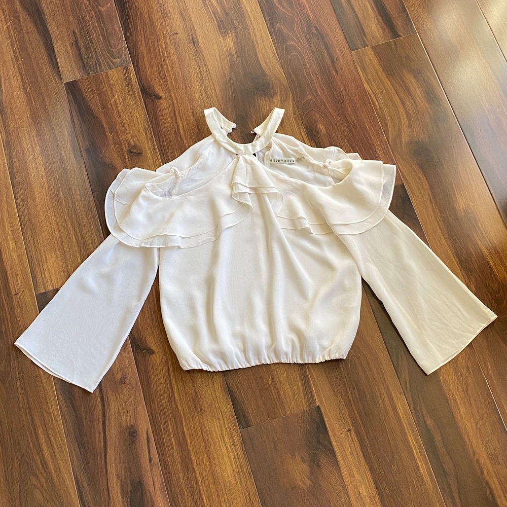 Alice + Olivia Silk Bell Sleeve Cold Shoulder Halter Neck Sheer Blouse